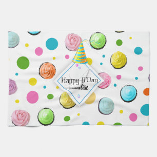 Birthday Cupcakes and Dots Monogram Tea Towel