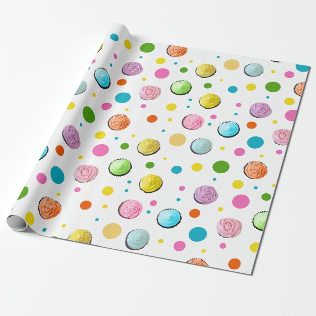 Birthday Cupcakes and Dots Wrapping Paper (Unrolled)