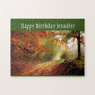 Birthday Custom Name Autumn Fall Forest Trail  Jigsaw Puzzle
