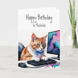 Birthday Custom Name Cat Gamer Computer Card