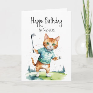 Birthday Custom Name Cat Golfing Card