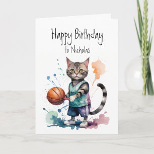 Birthday Custom Name Cat Playing Basketball Card