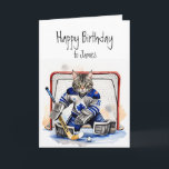 Birthday Custom Name Cat playing Goalie Hockey Card<br><div class="desc">Birthday Custom Name Fun Cute Cat Goalie Hockey</div>