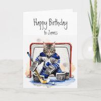 Birthday Custom Name Cat playing Goalie Hockey