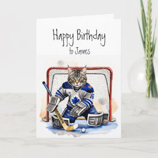 Birthday Custom Name Cat playing Goalie Hockey Card