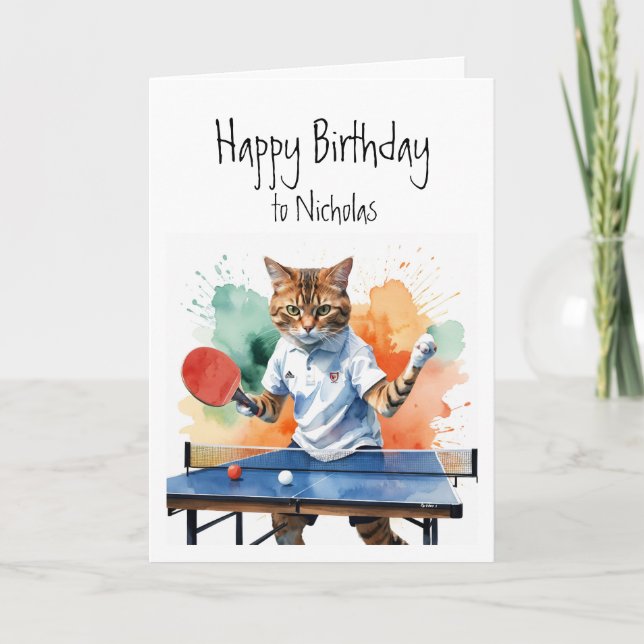 Birthday Custom Name Cat Playing Table Tennis Card (Front)