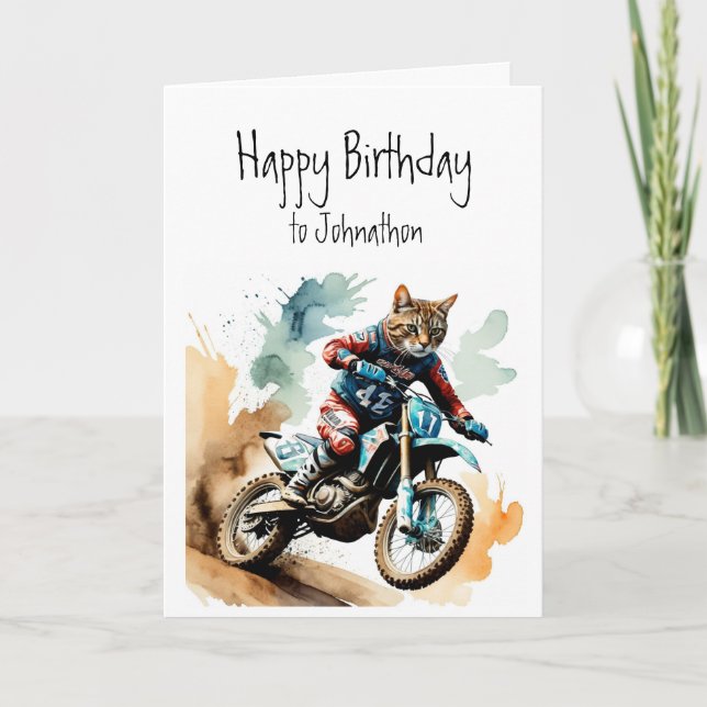 Birthday Custom Name Cat Riding Motocross Card (Front)