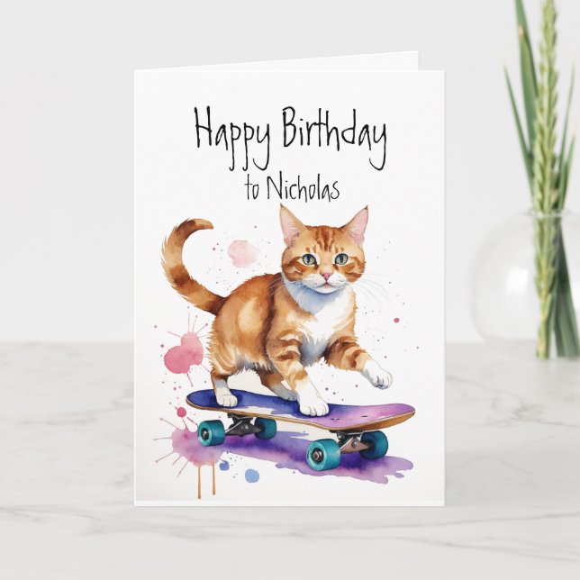 Birthday Custom Name Fun Cute Cat on Skateboard Card (Front)