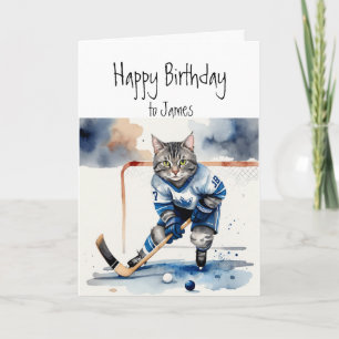 Birthday Custom Name Fun Cute Cat playing Hockey Card