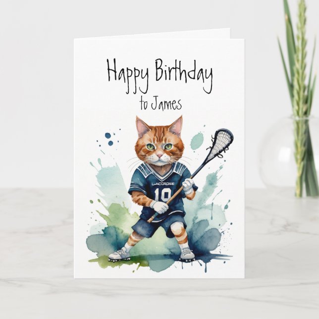 Birthday Custom Name Fun Cute Cat playing Lacrosse Card (Front)