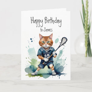 Birthday Custom Name Fun Cute Cat playing Lacrosse Card