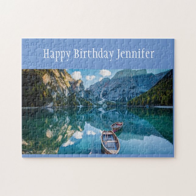 Birthday Custom Name Mountain Lake Canoe Wildernes Jigsaw Puzzle (Horizontal)