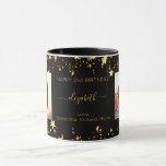 Birthday custom photo black gold best friends mug<br><div class="desc">A gift from friends for a woman's 21st (or any age) birthday. Personalise and 2 of your own photos, her name, age 21 and your names. Golden text. A chic, classic black background colour. Her name is written with a modern hand lettered style script with swashes. Decorated with faux gold...</div>