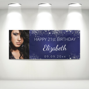 Birthday custom photo blue silver glitter banner