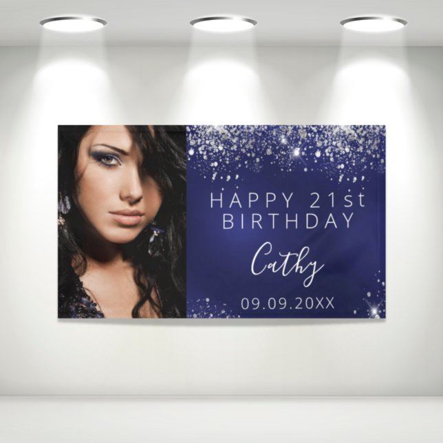 Birthday custom photo blue silver glitter banner (Creator Uploaded)