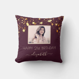 Birthday custom photo burgundy gold stars pink cushion