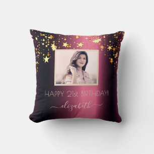 Birthday custom photo burgundy gold stars pink cushion