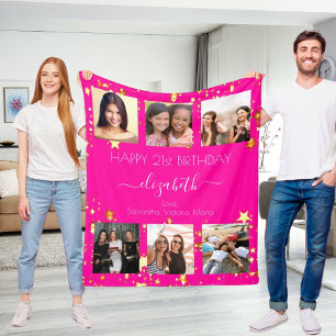 Birthday custom photo collage hot pink friend fleece blanket