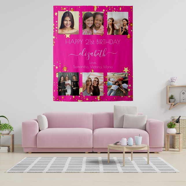 Birthday custom photo collage hot pink friend tapestry (Creator Uploaded)