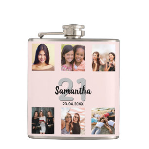 Birthday custom photo collage rose gold monogram hip flask