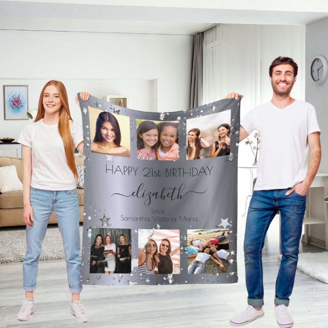 Birthday custom photo collage silver best friends  fleece blanket (Creator Uploaded)