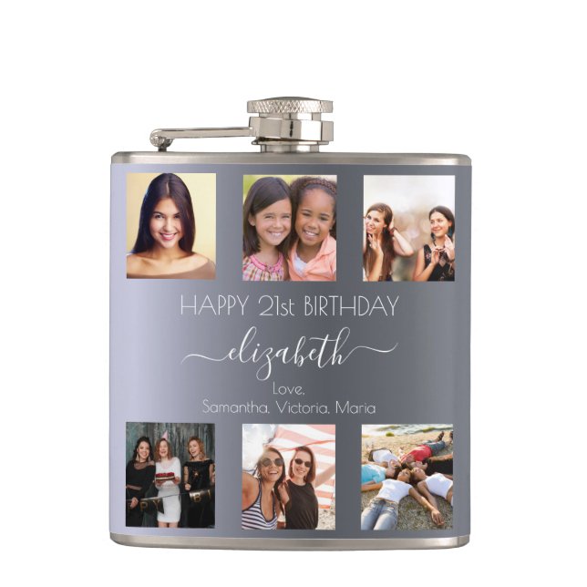 Birthday custom photo collage silver metal friends hip flask (Front)