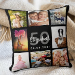 Birthday custom photo collage woman black cushion<br><div class="desc">A unique gift for a womans 50th (or any age) birthday, celebrating her life with a collage of 8 of your own photos, pictures. Personalize and add her name, age 50 and a date. A chic black background. Gray and white letters and numbers. The name is written with a modern...</div>