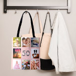 Birthday custom photo collage woman rose gold pink tote bag<br><div class="desc">A unique gift for a woman's 50th (or any age) birthday, celebrating her life with a collage of 8 of your own photos, pictures. Personalise and add her name, age 50 and a date. A chic soft light rose gold, blush pink background. Grey and white letters and numbers. The name...</div>