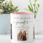 Birthday custom photo friend black white chic mug<br><div class="desc">A gift from friends for a woman's 21st birthday, celebrating her life with 3 of your photos of her, her friends, family, interest or pets. Personalise and add her name, age 21 and your names. Black coloured letters. A chic, classic white background. Her name is written with a modern hand...</div>