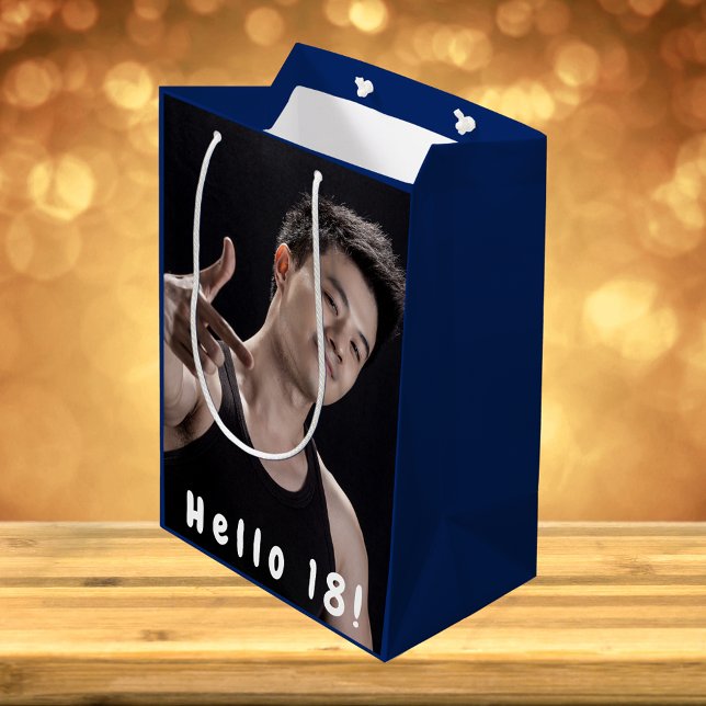 Birthday custom photo hello 18 blue boy men medium gift bag (Creator Uploaded)