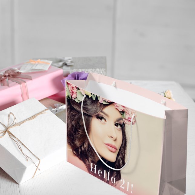 Birthday custom photo hello 21 rose gold  large gift bag (Creator Uploaded)