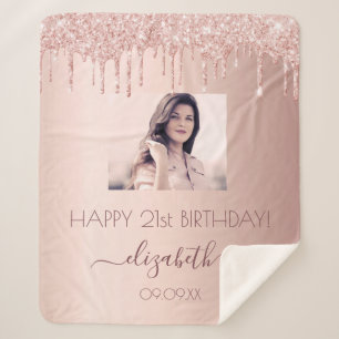 Birthday custom photo rose gold glitter pink girl sherpa blanket
