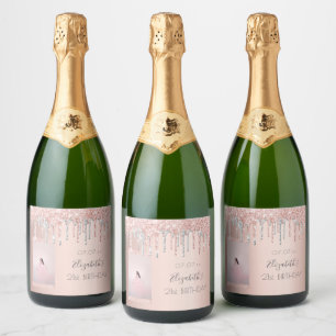 Birthday custom photo rose gold glitter silver sparkling wine label