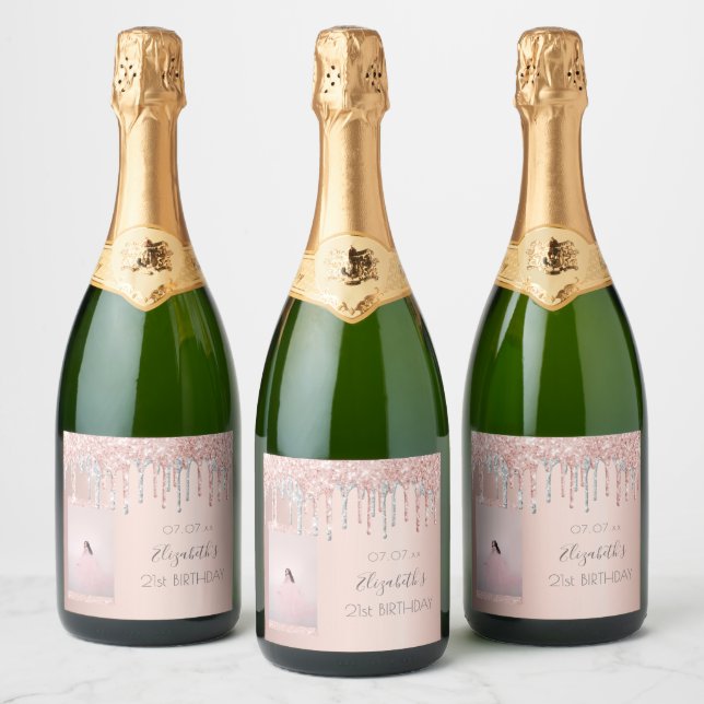 Birthday custom photo rose gold glitter silver sparkling wine label (Bottles)