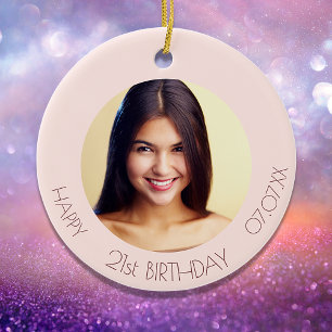 Birthday custom photo rose gold pink 21 ceramic ornament