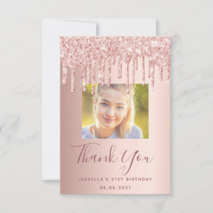 Birthday custom photo rose gold pink glitter glam thank you card