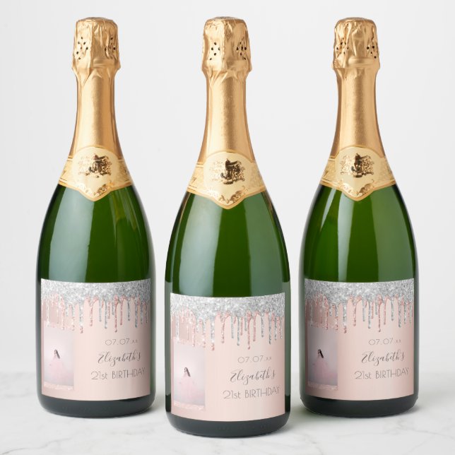 Birthday custom photo rose gold silver drips sparkling wine label (Bottles)