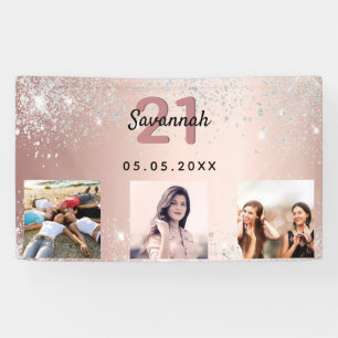 Birthday custom photo rose gold silver glitter banner