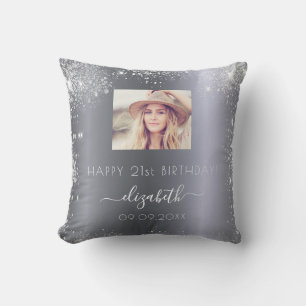 Birthday custom photo silver glitter dust monogram cushion
