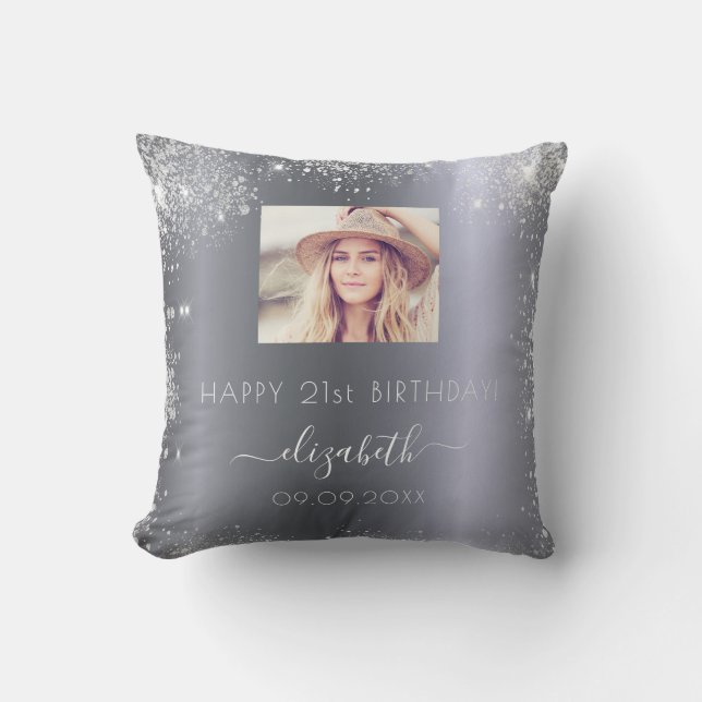 Birthday custom photo silver glitter dust monogram cushion (Front)