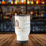 Birthday custom photo white gold best friends travel mug<br><div class="desc">A gift from friends for a woman's 21st (or any age) birthday. Personalise and 2 of your own photos, her name, age 21 and your names. Black text. A chic, classic white background colour. Her name is written with a modern hand lettered style script with swashes. Decorated with faux gold...</div>