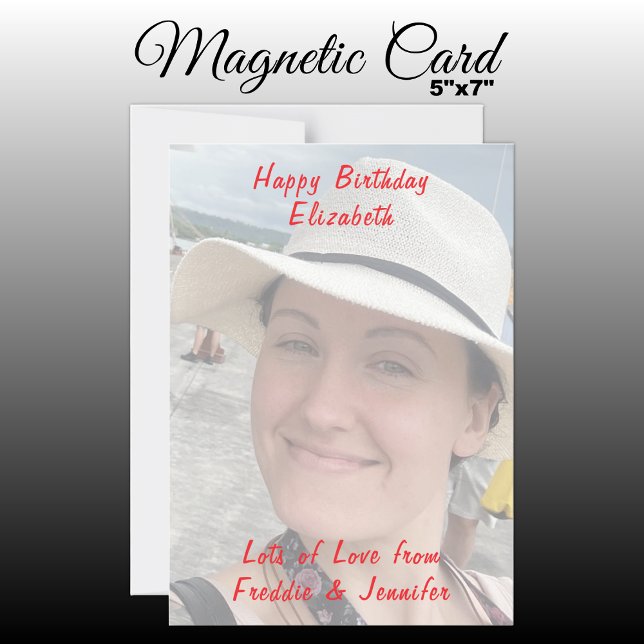 Birthday custom red text photo magnetic card (Creator Uploaded)