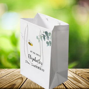 Birthday cute bee monogram eucalyptus greenery medium gift bag