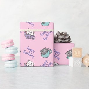 Birthday cute cat in the cup pink wrapping paper