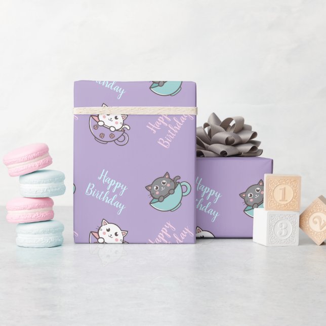 Birthday cute cat in the cup purple wrapping paper (Baby Shower)