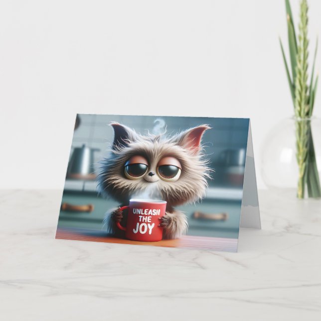 Birthday Cute Cat With Red Coffee Mug Card (Front)