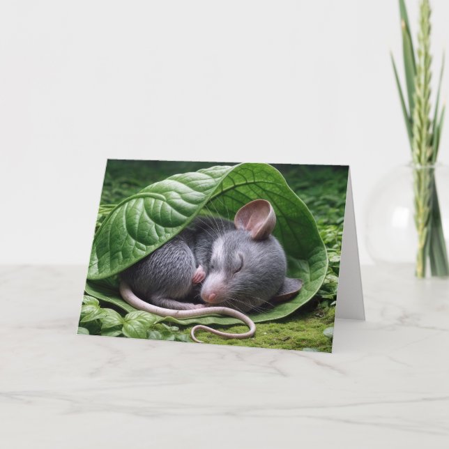 Birthday Cute Mouse In Green Leaf Card (Front)