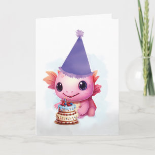 Birthday Cute Pink Axolotl with Purple Hat Card