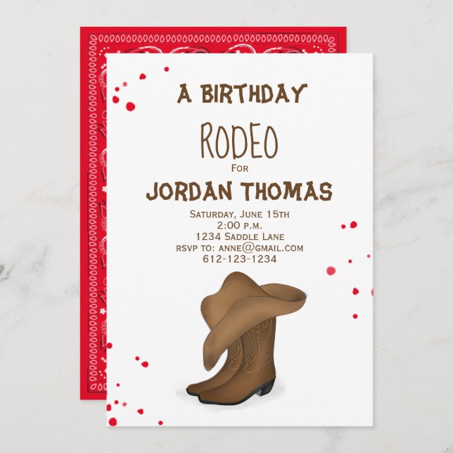 Birthday Cute Red Bandanna Cowboy Hat and Boots Invitation (Front/Back)