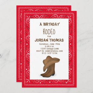 Birthday Cute Red Bandanna Cowboy Hat and Boots Invitation